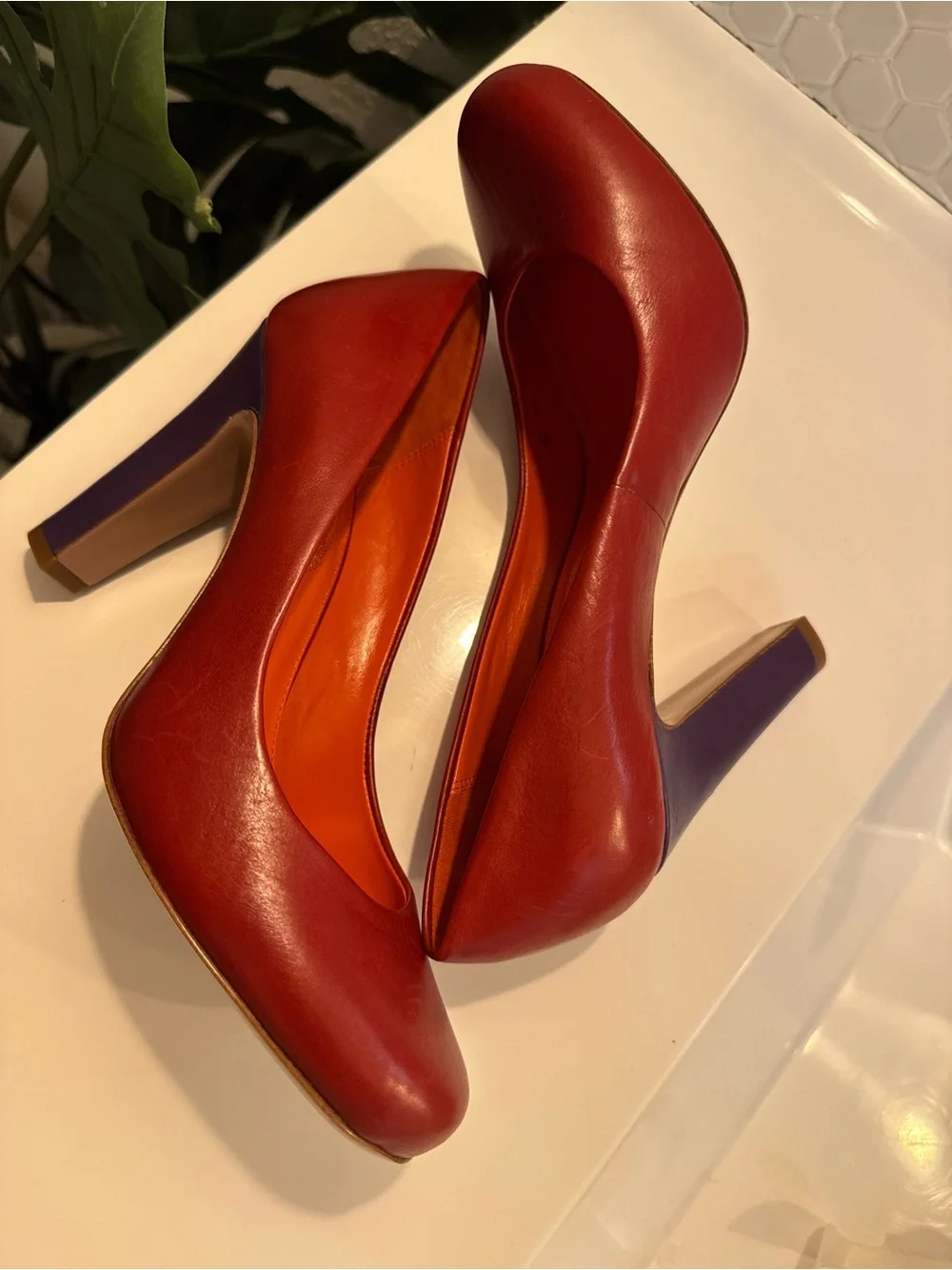 Elie Tahari Luxe Burnt Orange Harper Leather Pumps with Purple Accent $398